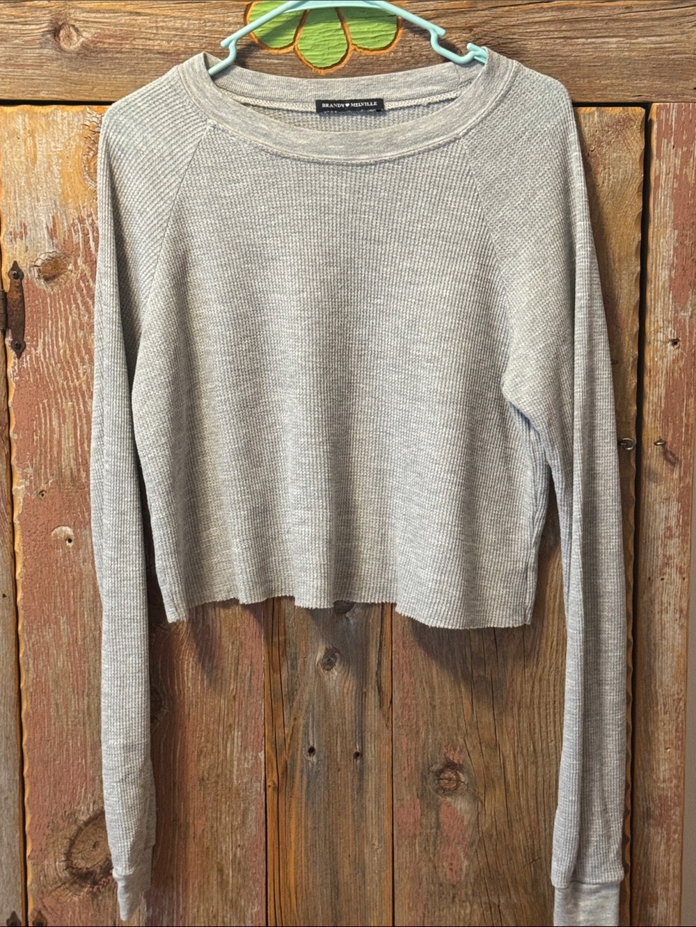Brandy Melville Light Gray Thermal Ribbed Cropped Long Sleeve Top medium
